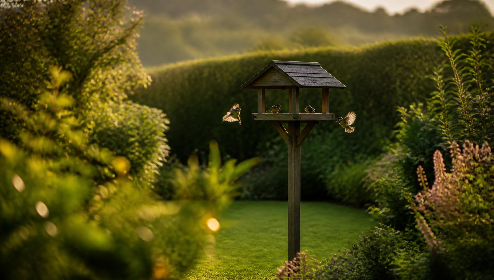 Wooden bird table in a green garden with small birds feeding at golden hour